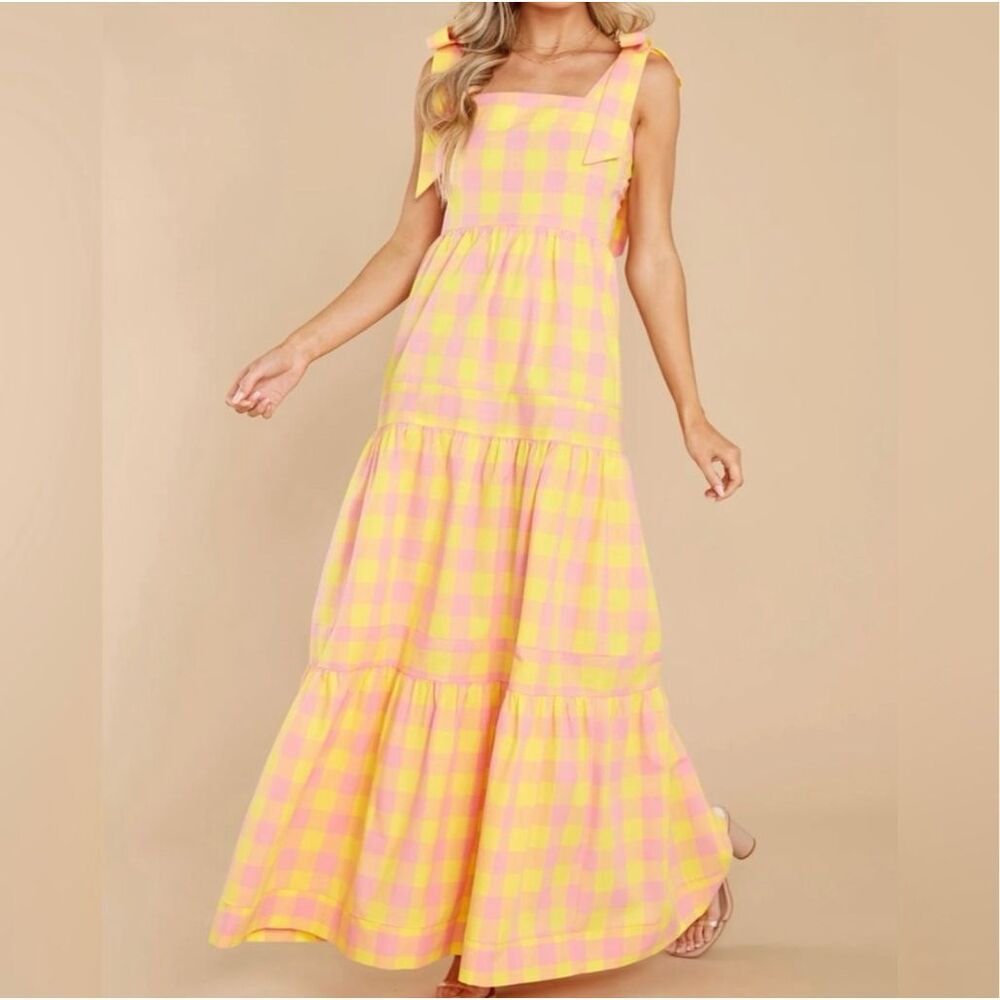 Aura Yellow and Pink Gingham Maxi Dress